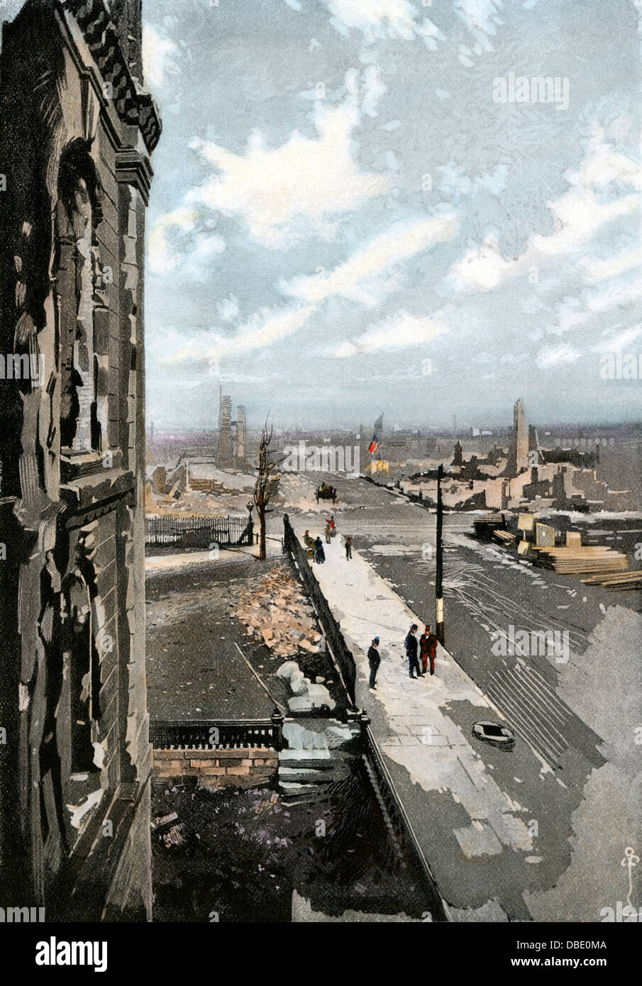 Destruction on Clark Street after the Chicago Fire, looking north, 1871. Hand-colored woodcut Stock Photo