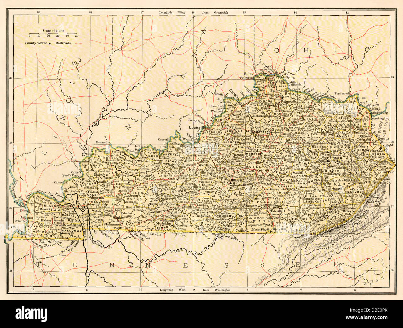Map of Kentucky in the 1870s.Color lithograph Stock Photo
