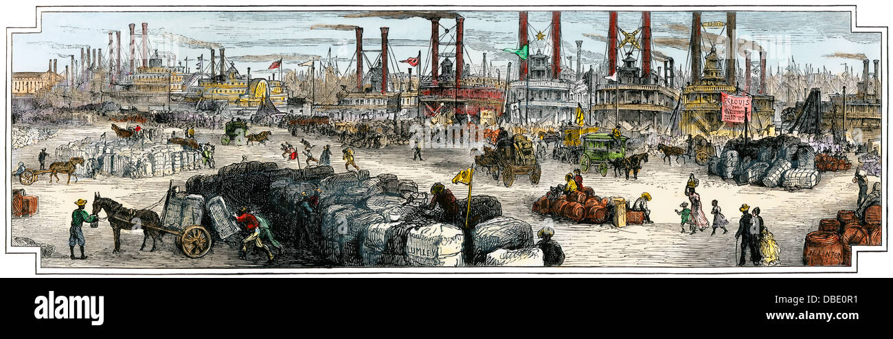 Steamboats lined up for freight at the levee, New Orleans, late 1800s. Hand-colored woodcut Stock Photo