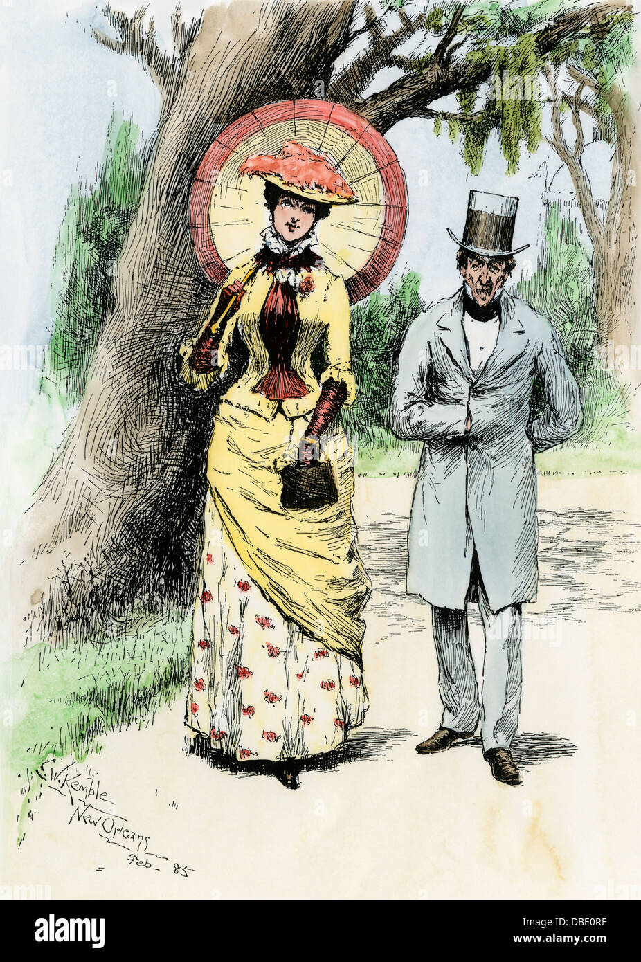 Creole couple strolling in New Orleans, 1880s. Hand-colored woodcut Stock Photo