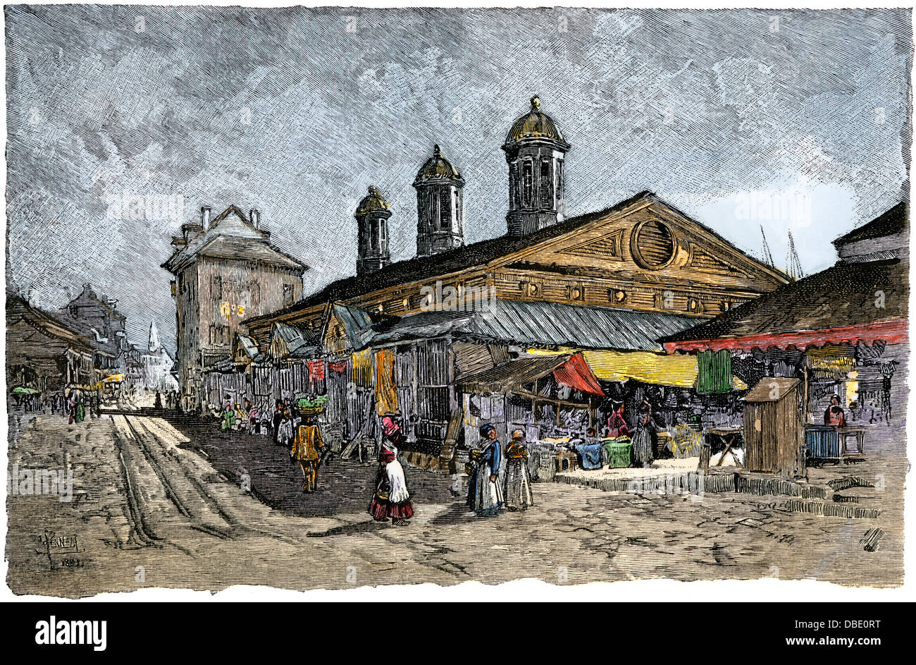 Scene among the markets in the French Quarter, New Orleans, 1880s. Hand-colored woodcut Stock Photo