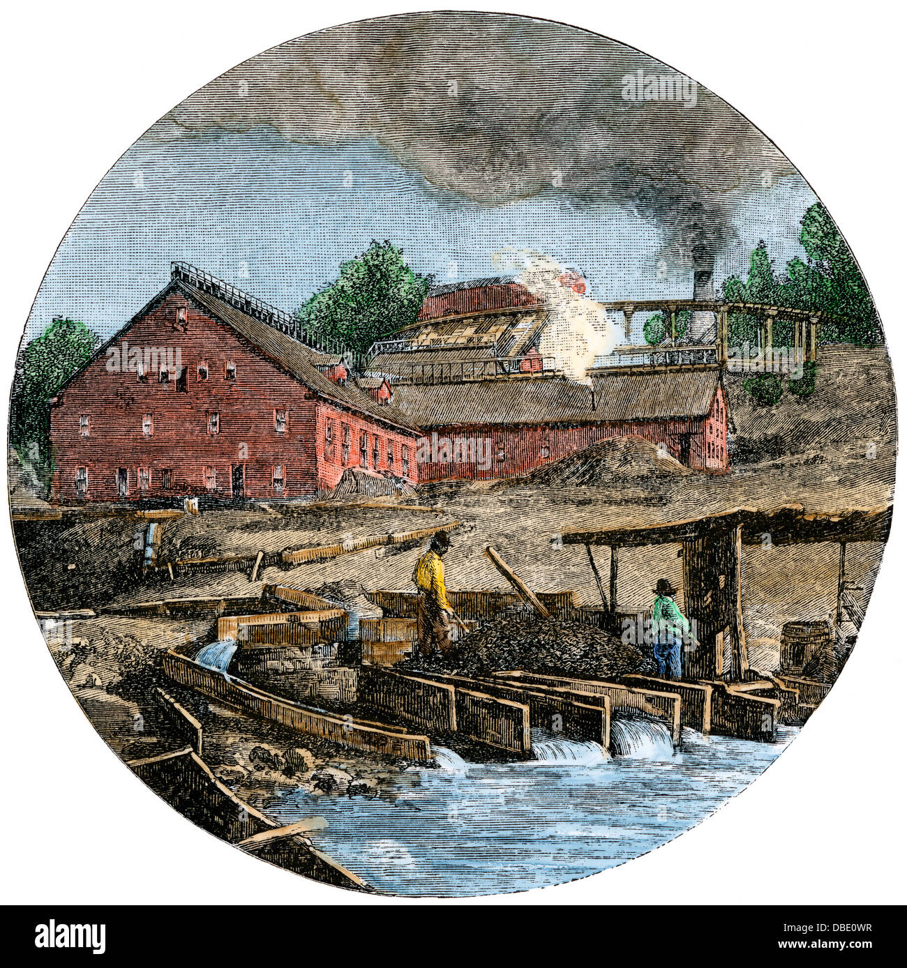 Copper miners washing ore tailings into Lake Superior, shore of Upper Michigan, 1880s. Hand-colored woodcut Stock Photo