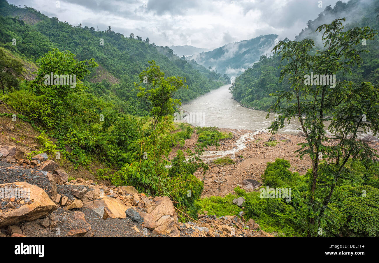 Kameng river as it wind through the deep valleys of the high mountains ...