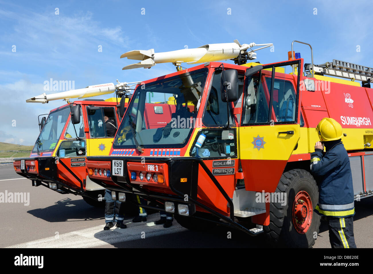 Sumburgh Fire Crew on exercise at Sumburgh Airport Shetland Scotland Stock Photo