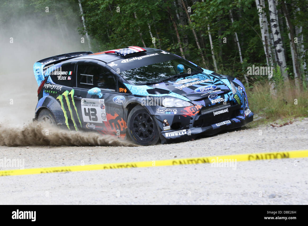Newry, Maine, USA. 26th July, 2013. Hoonigan Racing's Ken Block and Alex Gelsomino hit the second stage in the New England Forest Rally. Hoonigan Racing's Ken Block and Alex Gelsomino won their first New England Forest Rally (NEFR) on Saturday by 6.5 seconds faster than Subaru Rally Team USA's David Higgins and Craig Drew in the Rally American National Championship event at Newry, Maine. © Nicolaus Czarnecki/ZUMAPRESS.com/Alamy Live News Stock Photo