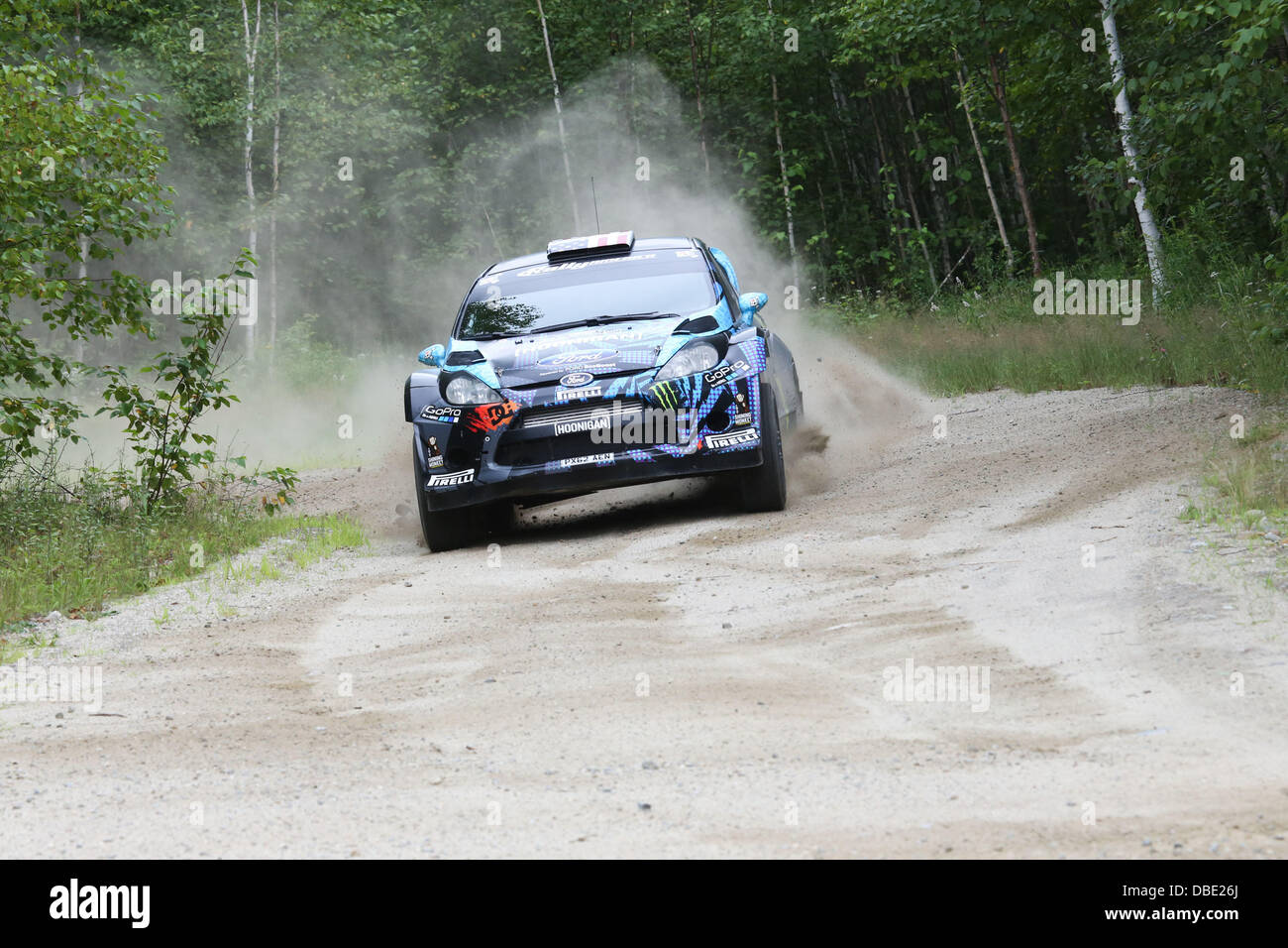 Newry, Maine, USA. 26th July, 2013. Hoonigan Racing's Ken Block and Alex Gelsomino hit the second stage in the New England Forest Rally. Hoonigan Racing's Ken Block and Alex Gelsomino won their first New England Forest Rally (NEFR) on Saturday by 6.5 seconds faster than Subaru Rally Team USA's David Higgins and Craig Drew in the Rally American National Championship event at Newry, Maine. © Nicolaus Czarnecki/ZUMAPRESS.com/Alamy Live News Stock Photo