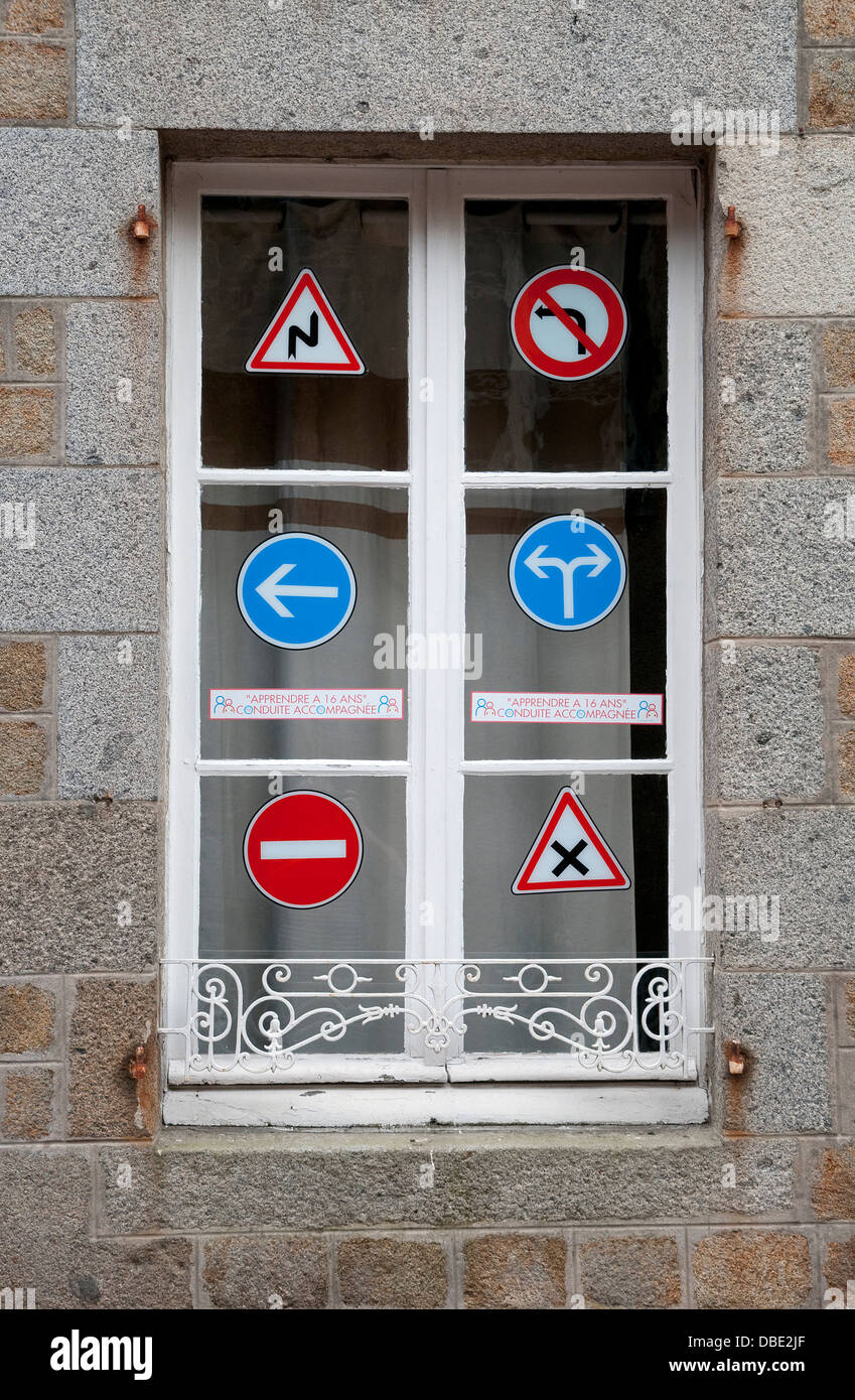 french driving school window, villedieu les poeles, normandy, france Stock Photo