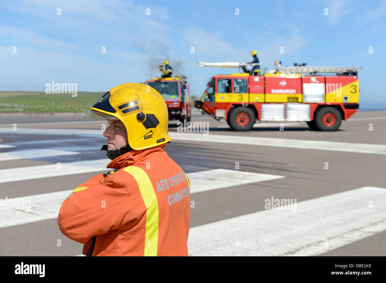 Sumburgh Fire Crew on exercise at Sumburgh Airport Shetland Scotland Stock Photo