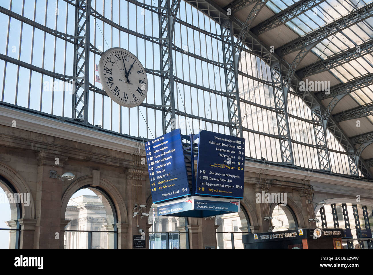 Clock and information sign board at Liverpool Lime Street Railway Station Stock Photo
