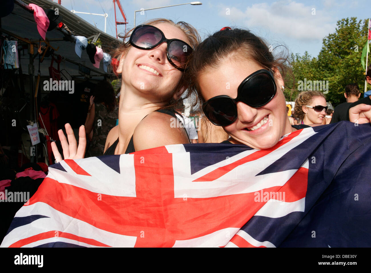 Pretty girls with a Australian flag at the Big Day Out Festival 2006, Sydney Showgrounds, Australia, Stock Photo