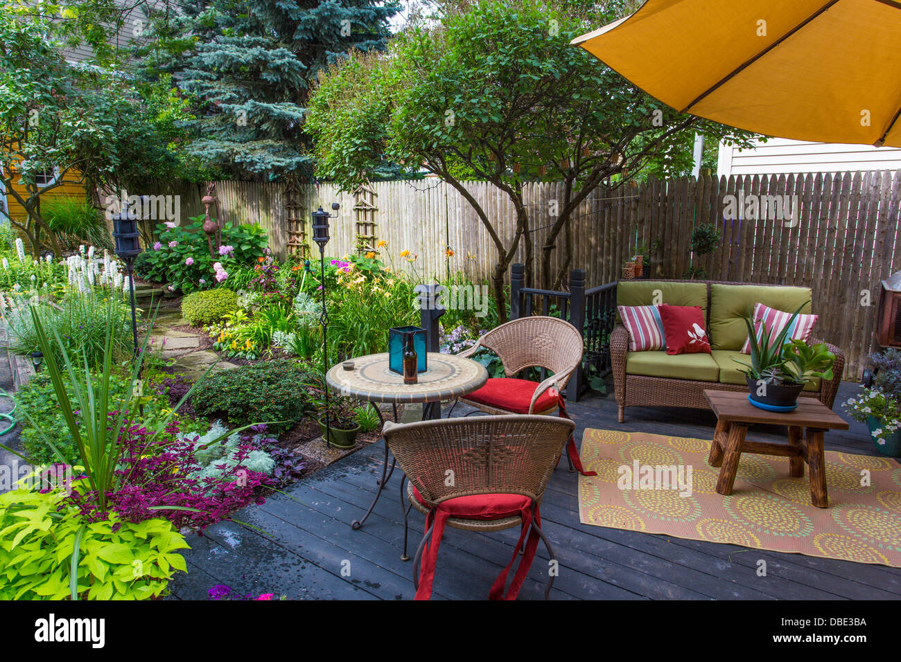 Backyard sitting areas  of GardenWalk Buffalo the largest garden tour in US and part of National Garden Festival in Buffalo NY Stock Photo