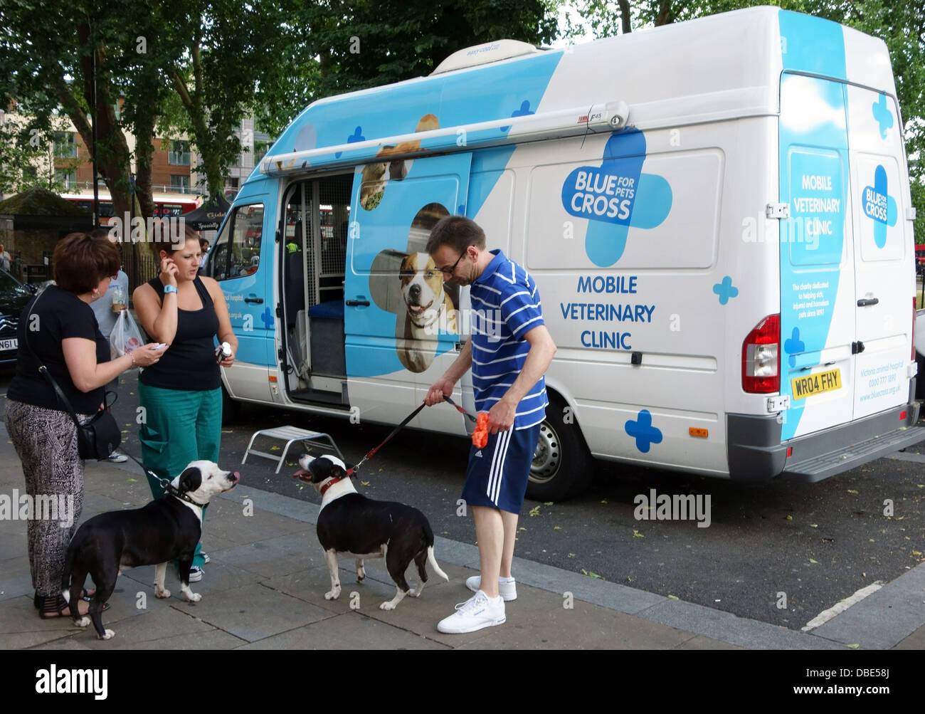 Blue Cross mobile veterinary clinic parked by Islington Green, London Stock Photo