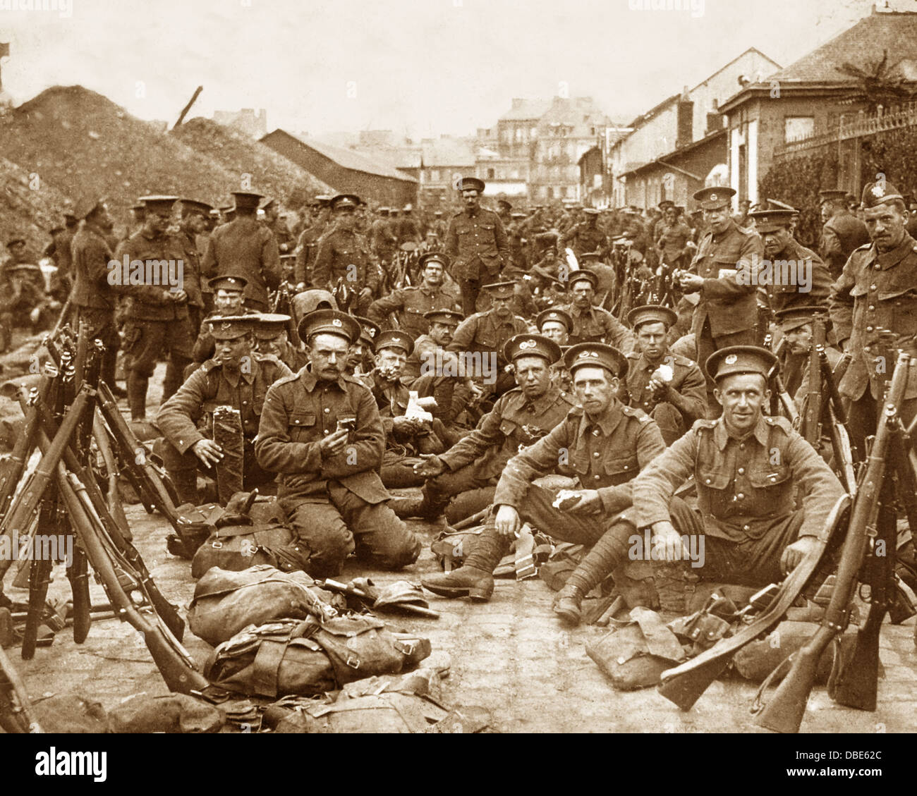 British Troops resting in a French Village in WW1 Stock Photo