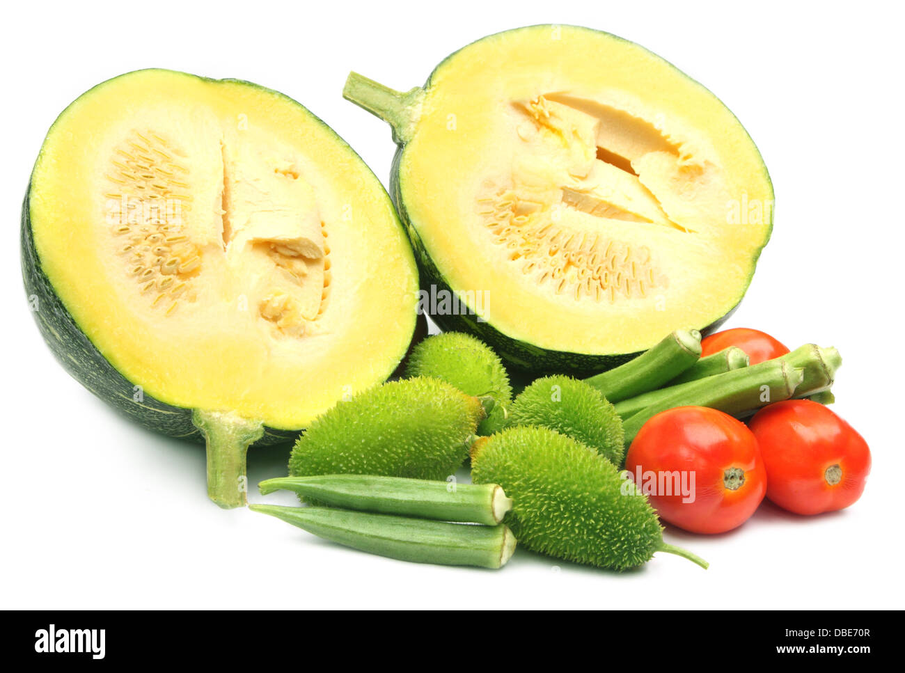Fresh vegetables – green pumpkin, tomato and okras, and kakrol Stock Photo