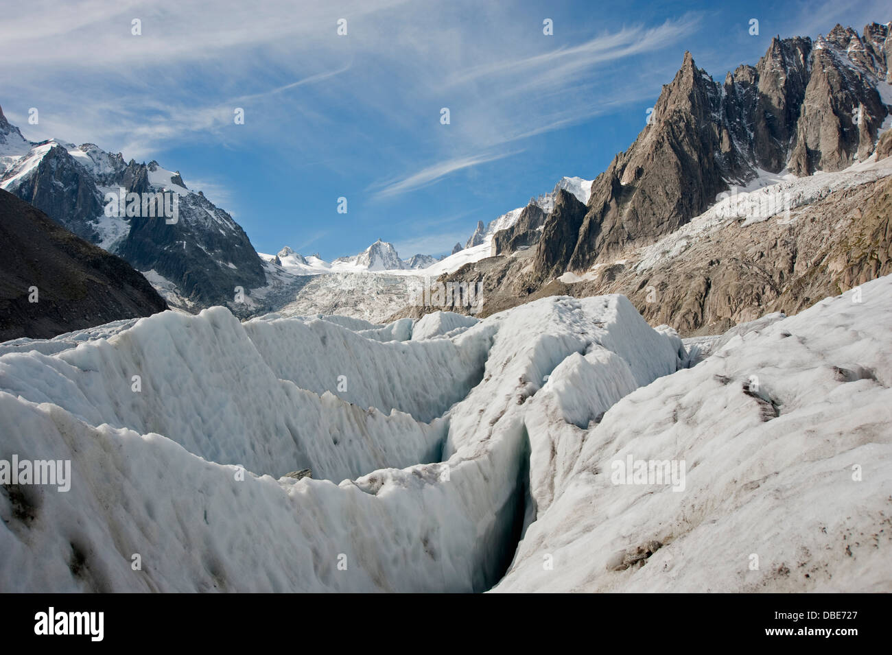 crevase on Mer de Glace glacier, Mont Blanc range, Chamonix, France, Europe Stock Photo