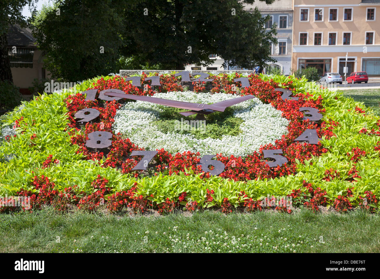 Floral Clock on Demianiplatz, Goerlitz, Saxony, Germany Stock Photo