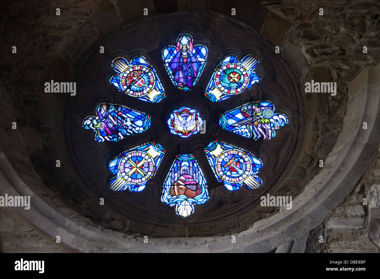 Stained glass window St Davids Cathedral Pembrokeshire Wales UK Stock