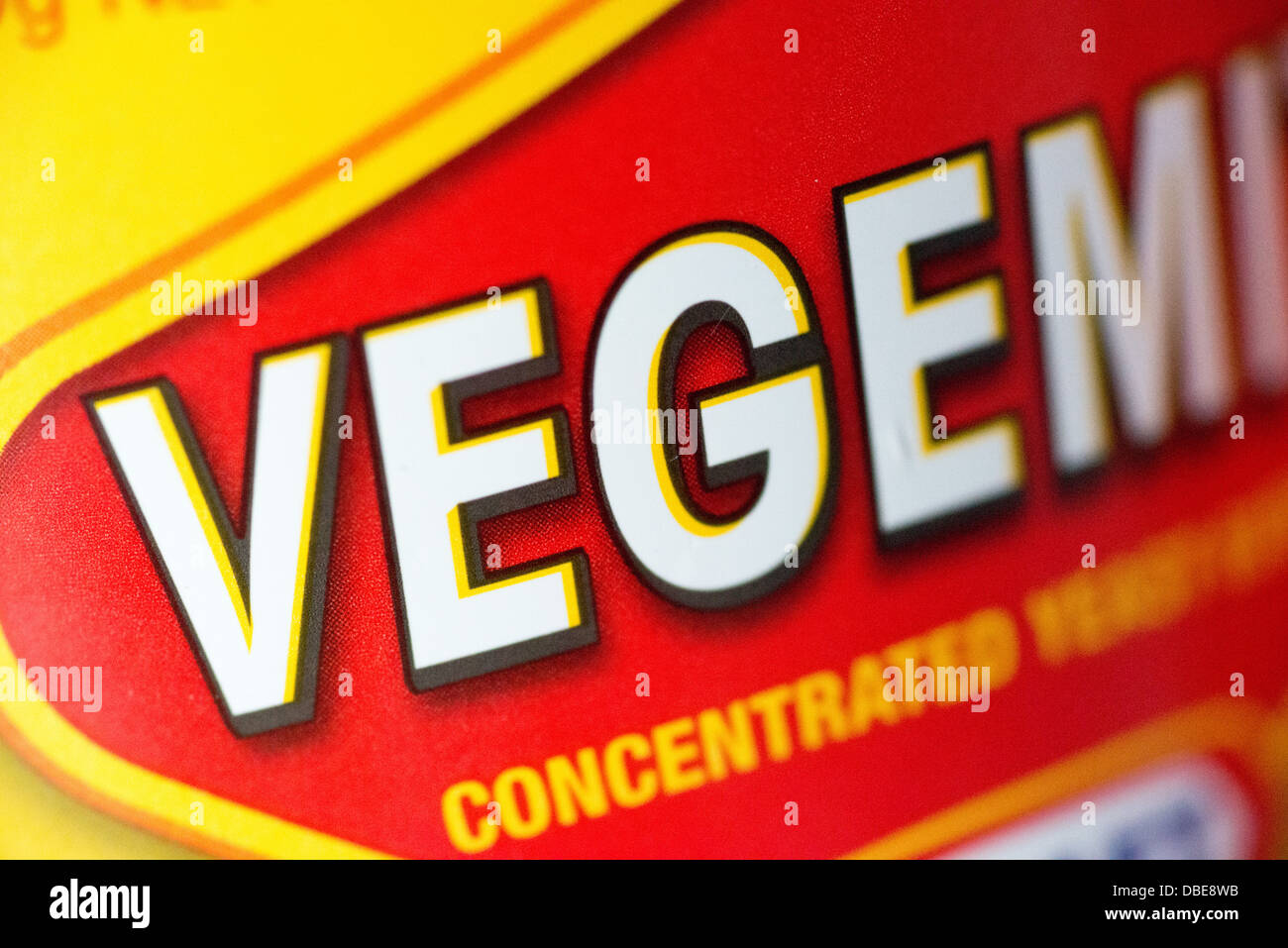 Close-up of the label on a jar of Vegemite, a famous Australian spread made from concentrated yeast extract. Vegemite is now owned by the American food company Kraft. Stock Photo
