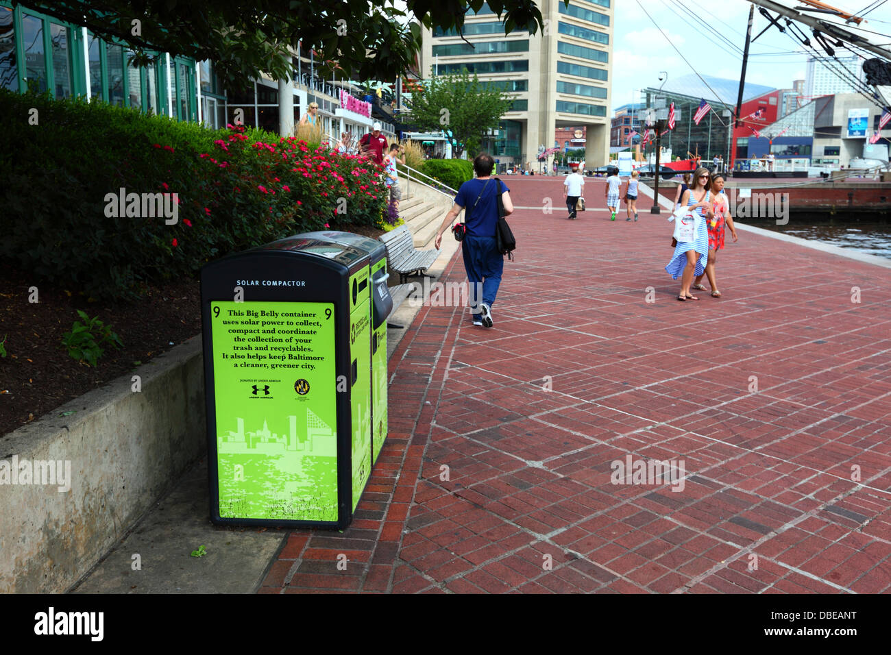 BigBelly solar powered, rubbish-compacting and recycling bins, Inner Harbor, Baltimore City, Maryland, United States of America Stock Photo