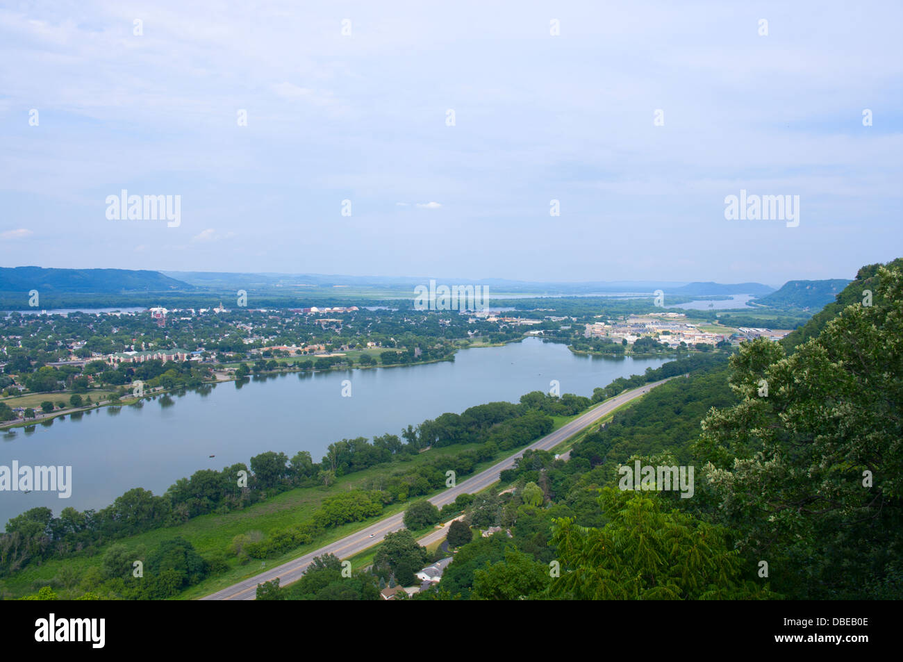 aerial view of city of winona from atop bluffs above highway 61 and 