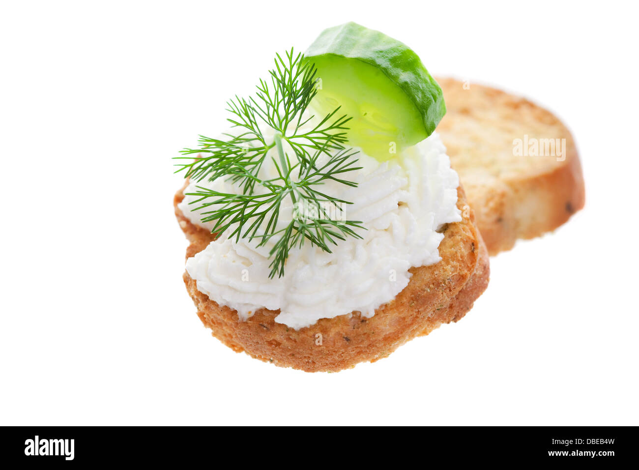 Baby cucumber and goat cheese; garnished with fresh dill. Stock Photo