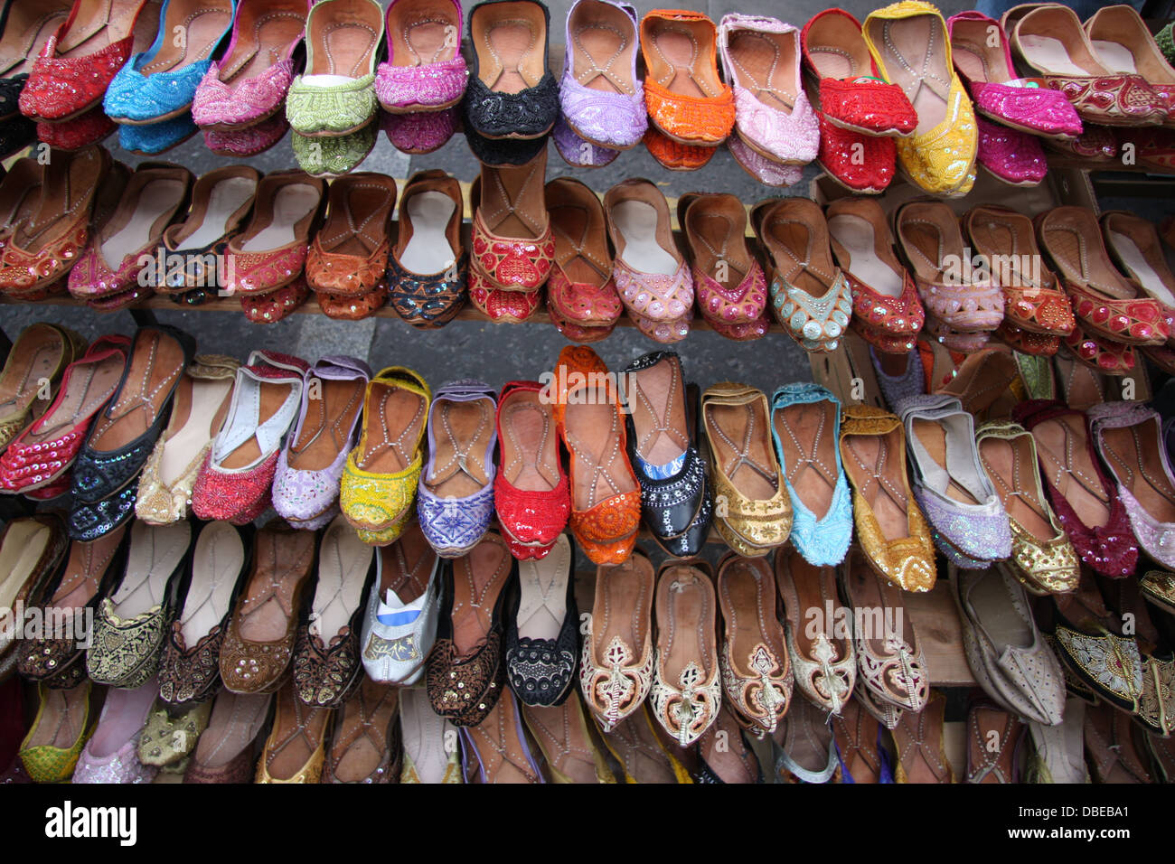Shoes for sale on Brick Lane Market, London United Kingdom Stock Photo
