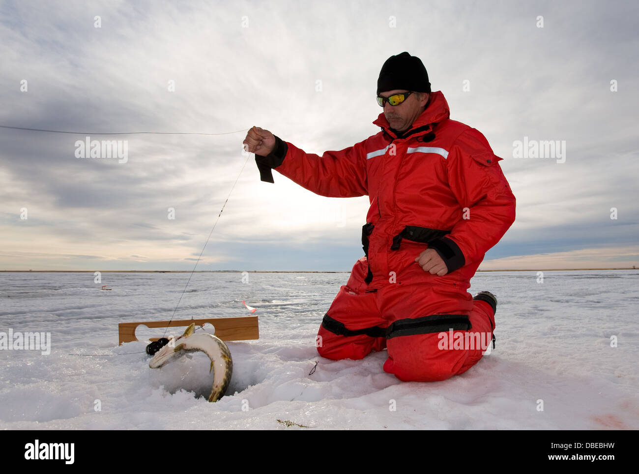Ice fisherman catching a fish on a hand line Stock Photo Alamy