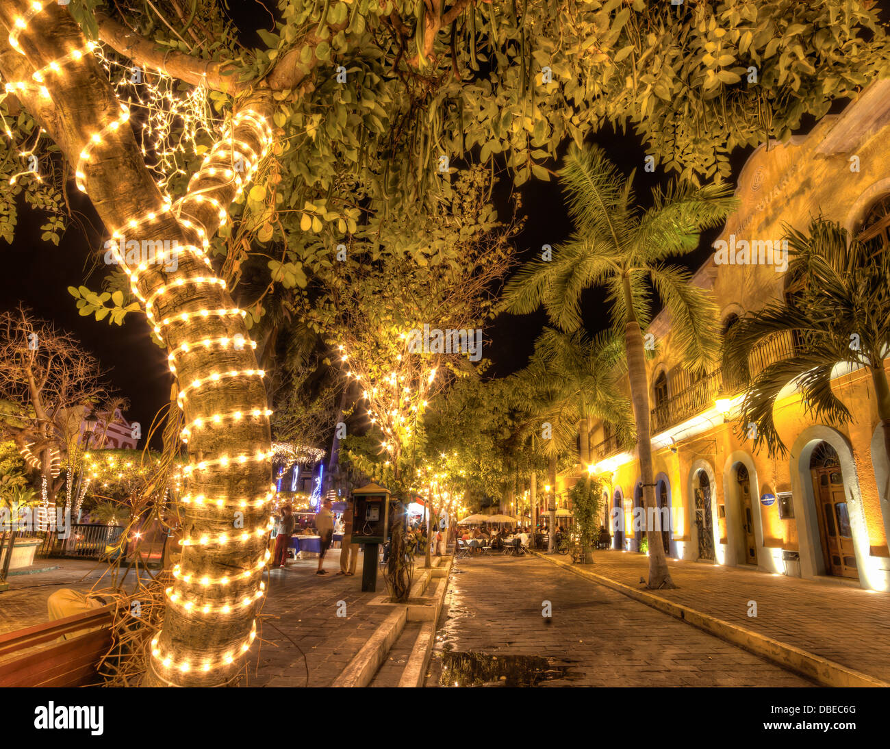 Lights bring the Plaza Machado to life in Mazatlan Viejo, Sinaloa, Mexico. Stock Photo