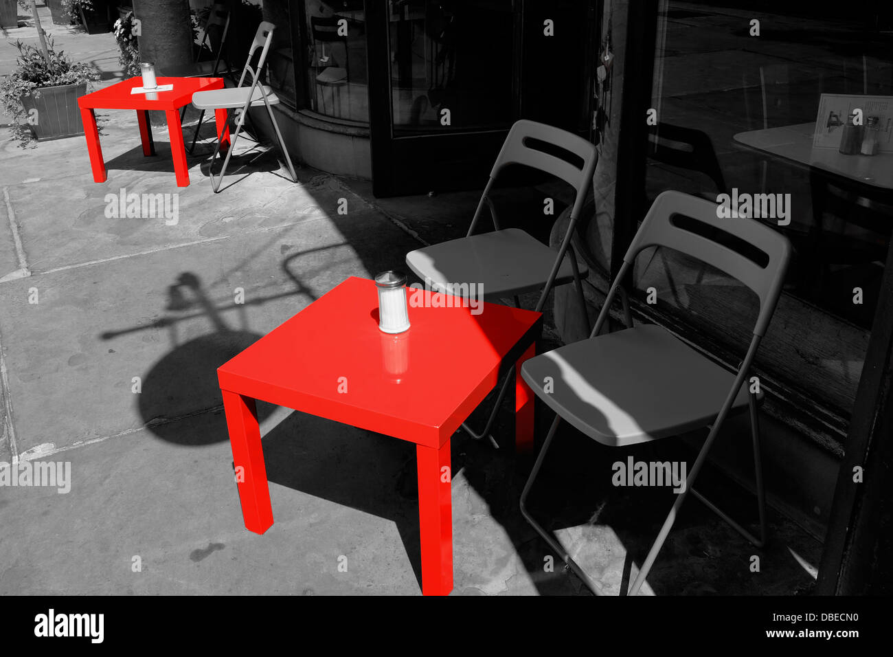 Red tables, example of use of Advanced Filter (partial colour red) of Fujifilm X100s camera Stock Photo