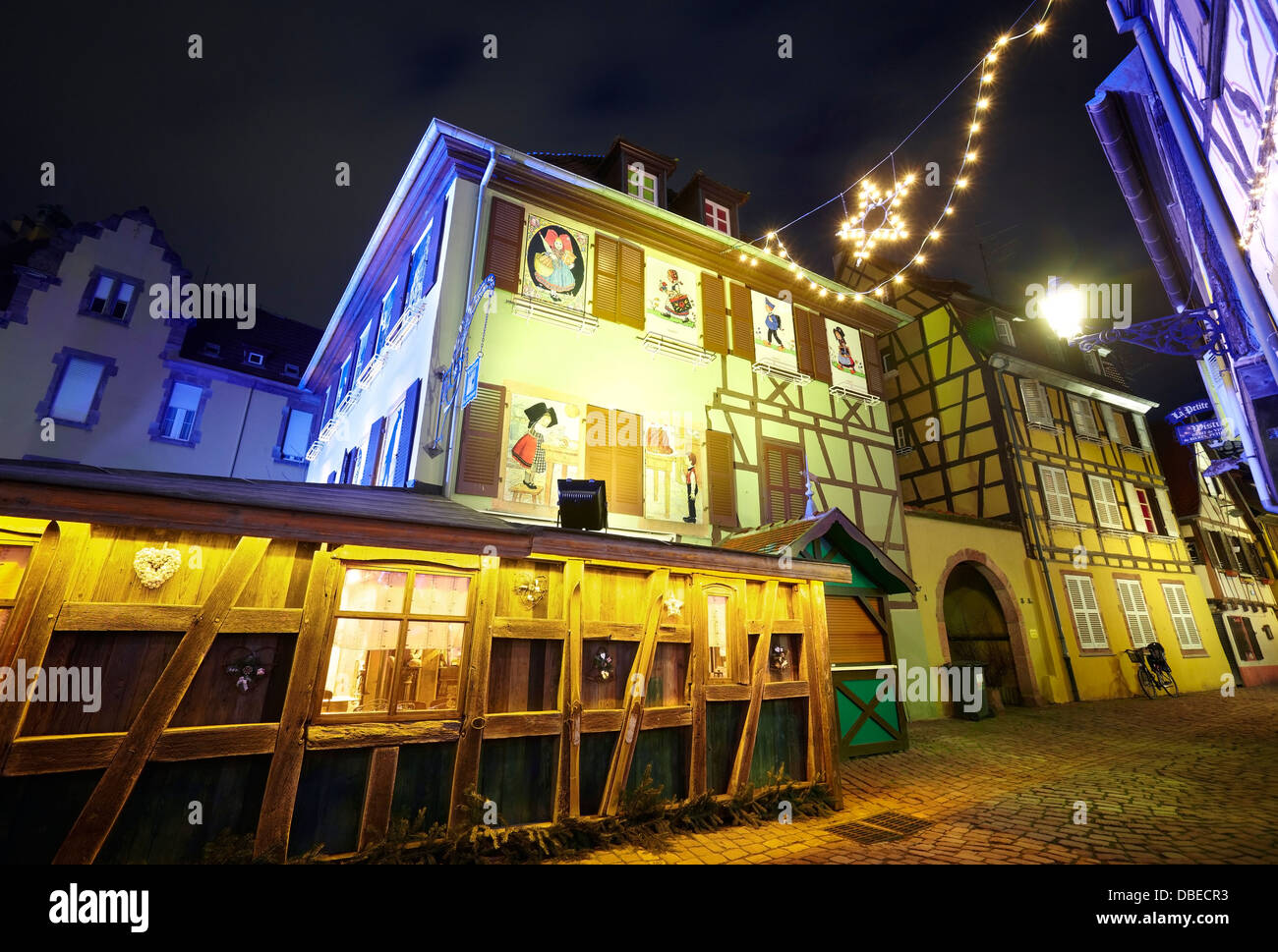 Hansi drawings Christmas decoration by night at the Little Venice. Colmar. Wine route. Haut-Rhin. Alsace. France Stock Photo