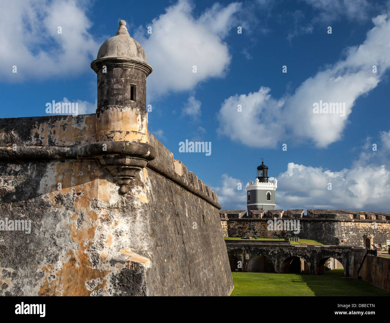 Turret and Lighthouse of El Morro Fort, San Juan, Puerto Rico. Stock Photo