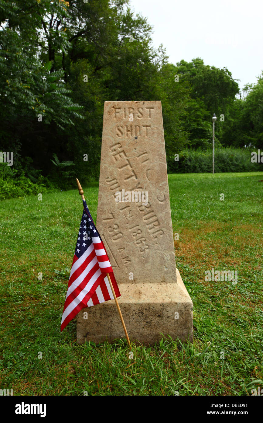 Monument marking spot where first shot of Battle of Gettysburg was fired, Gettysburg, Pennsylvania, United States of America Stock Photo