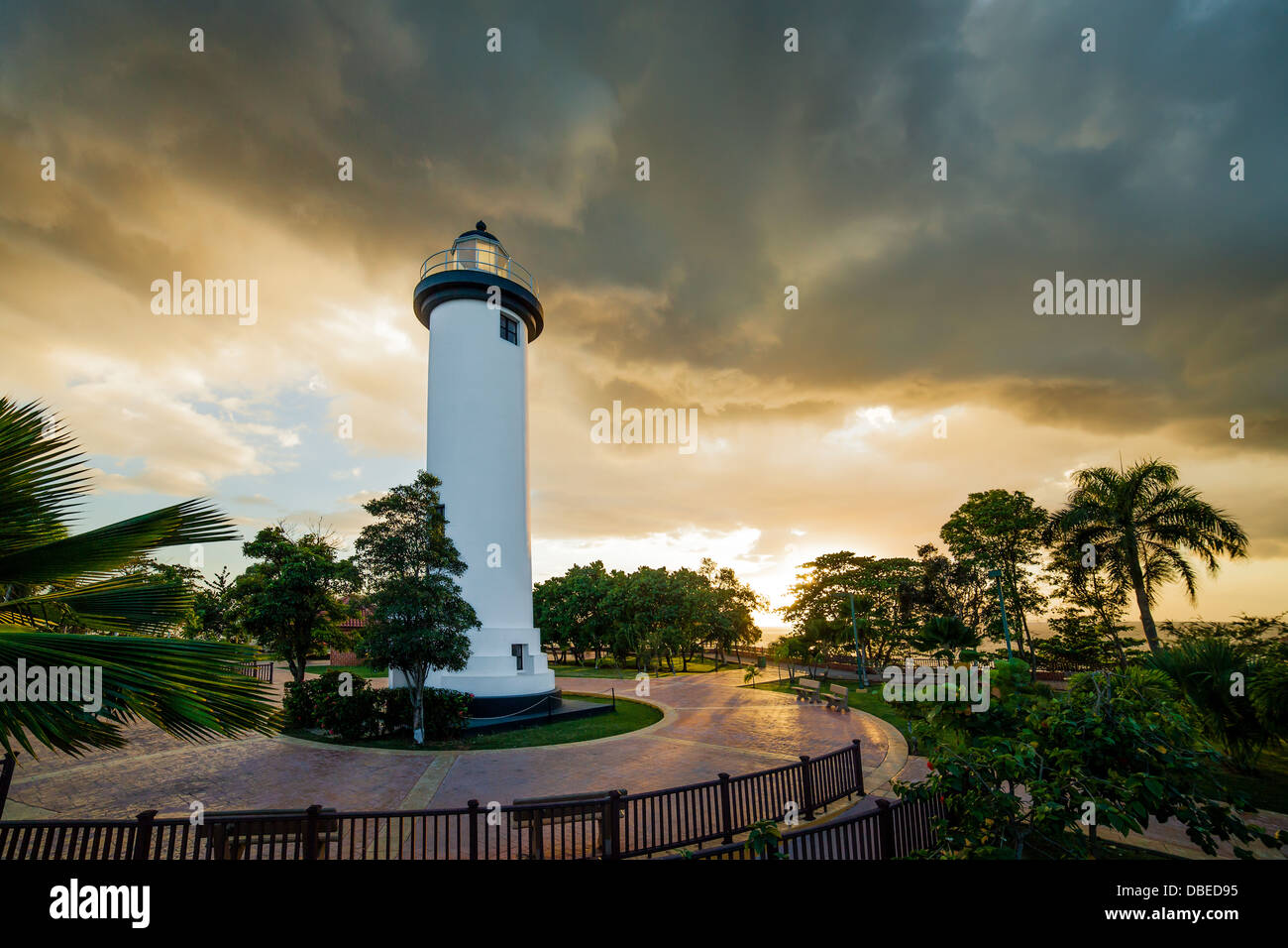 Sunset at the Rincon lighthouse, Puerto Rico. Stock Photo
