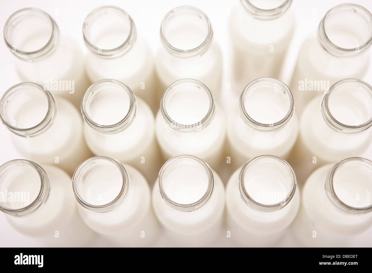 Glass bottles of organic milk. Stock Photo
