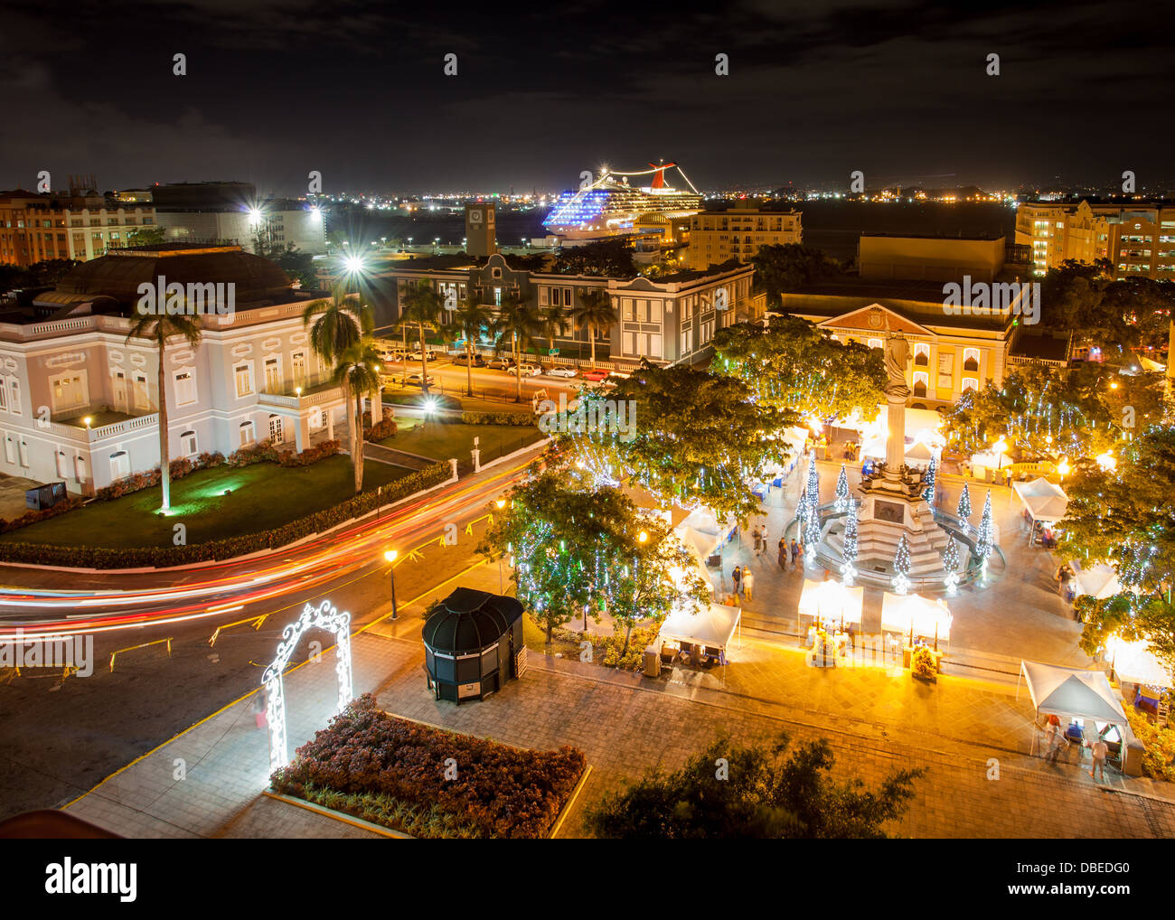 Night view of Plaza Colon and Old San Juan, Puerto Rico. Stock Photo