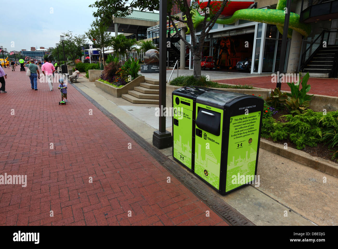 BigBelly solar powered, rubbish-compacting and recycling bins, Inner Harbor, Baltimore City, Maryland, United States of America Stock Photo