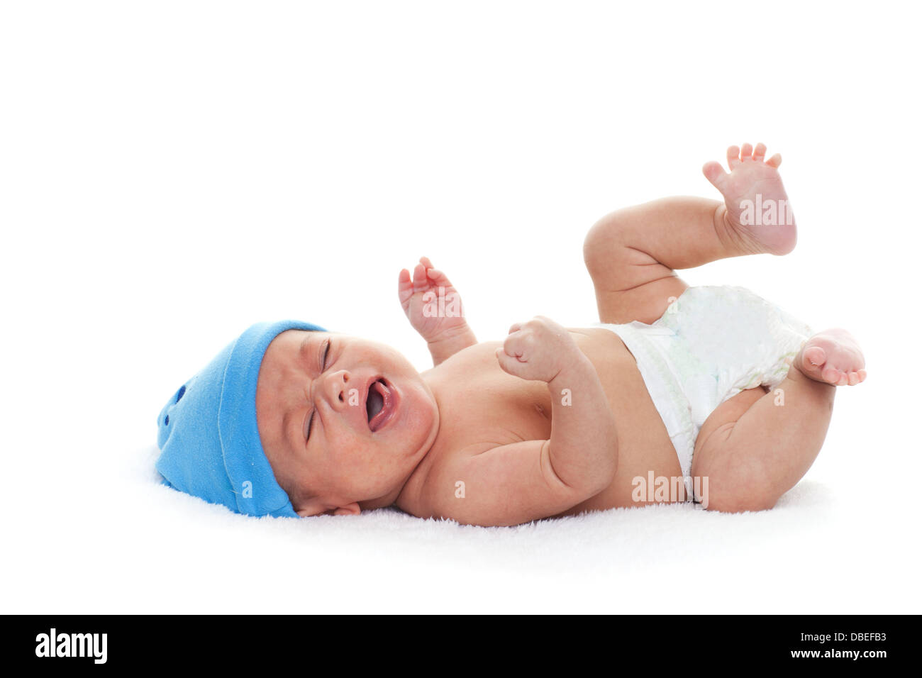 A native American newborn baby boy crying Stock Photo