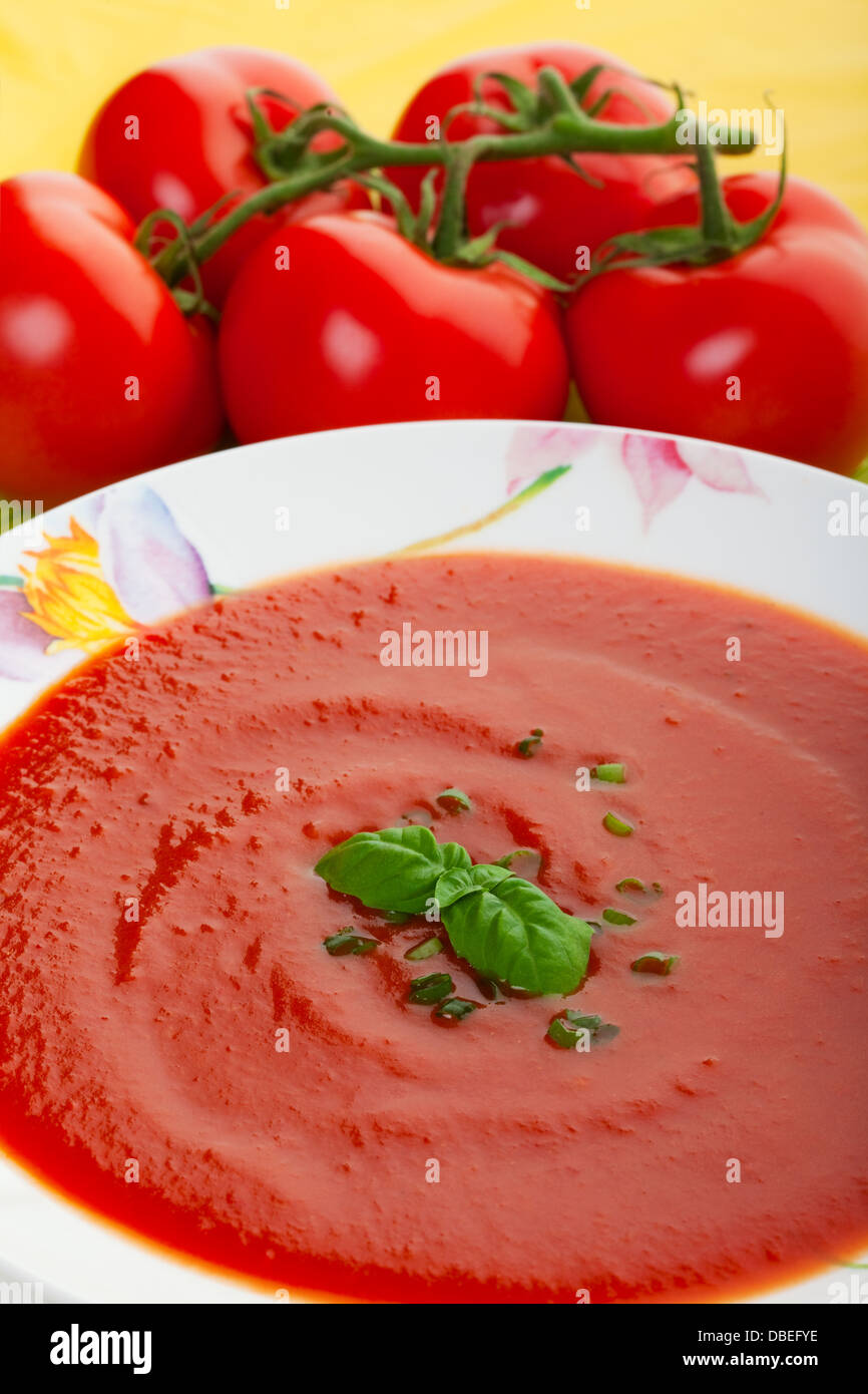 A bowl of tomato soup with tomato's on the vine Stock Photo