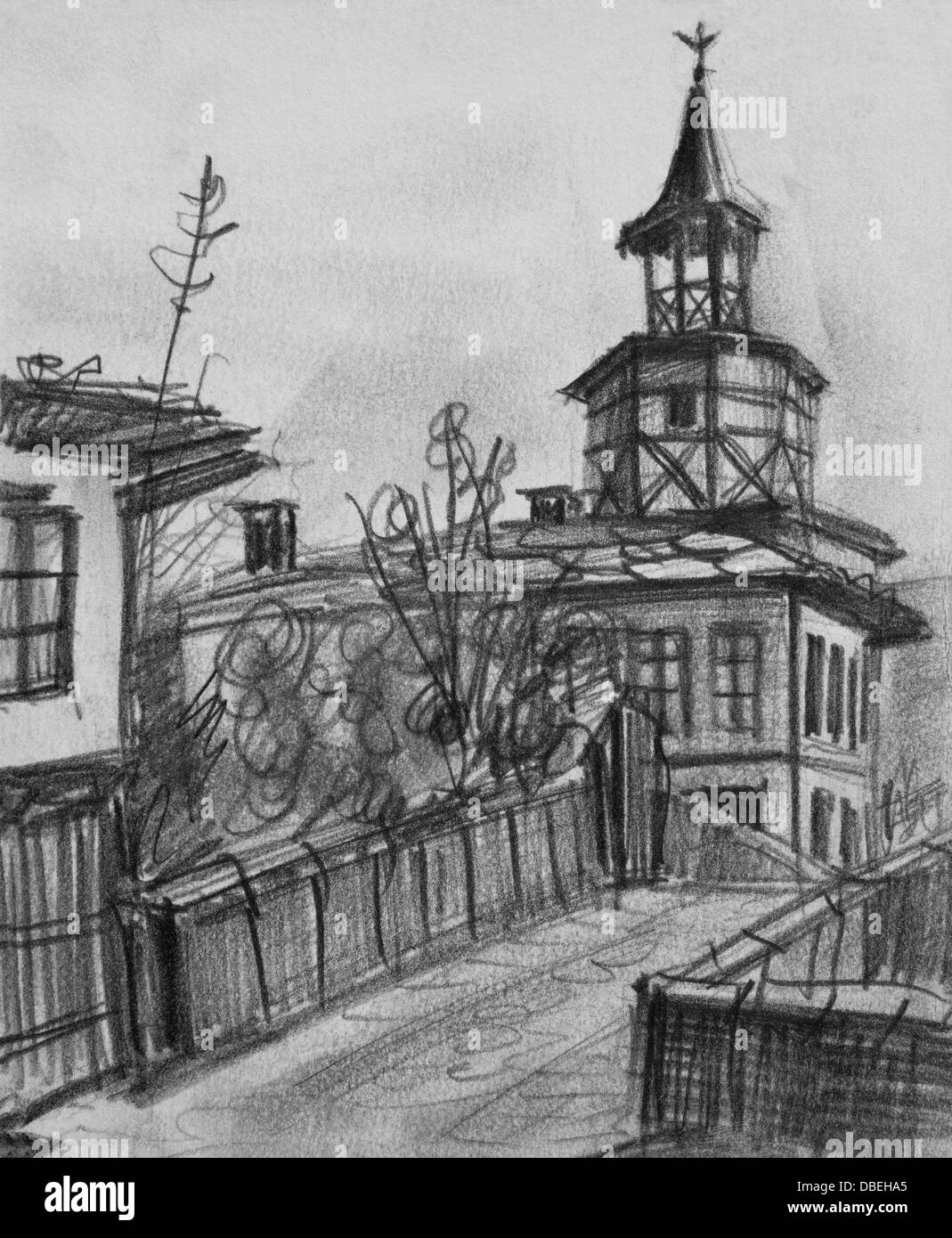 Pencil black and white drawing of the old clock tower in Tryavna, Bulgaria. Stock Photo