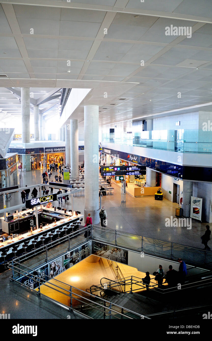 Elevated view inside the airside departures hall, Terminal three, Malaga airport, Malaga, Andalusia, Spain, Western Europe. Stock Photo