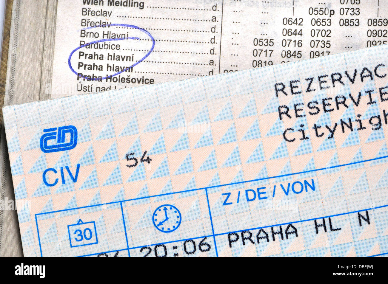 Rail Ticket and Timetable Prague Stock Photo Alamy
