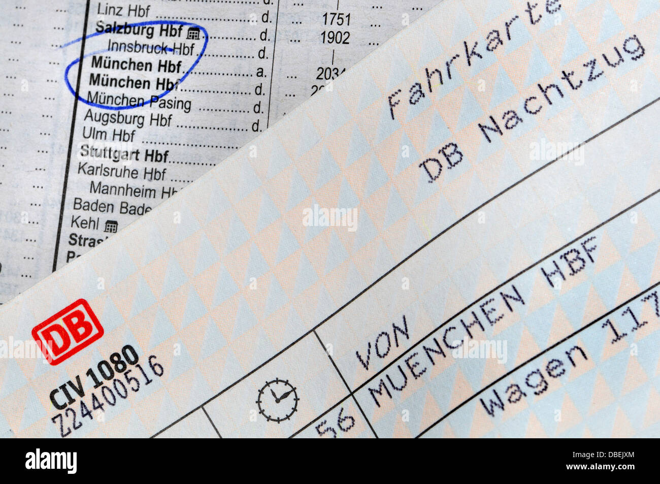Rail Ticket and Timetable - Munich Stock Photo