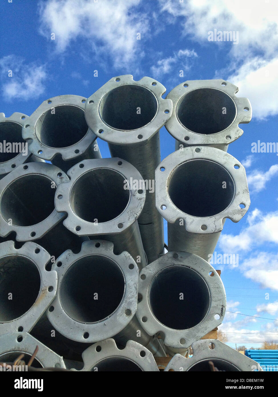 Stack of steel cylinders outdoors - Smartphone Captured Stock Image