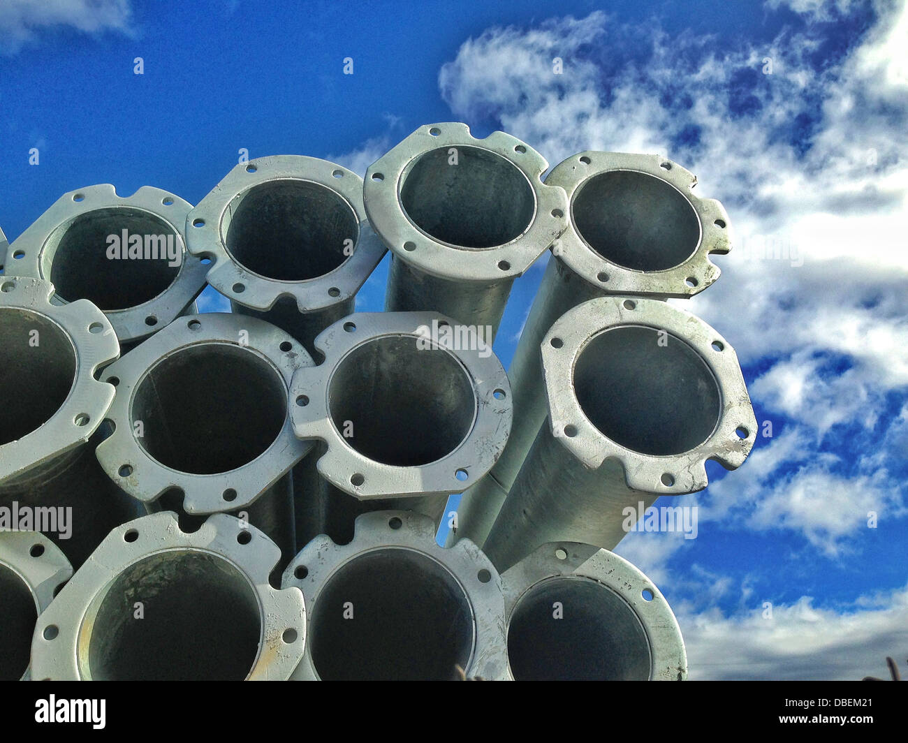 Stack of steel cylinders outdoors - Smartphone Captured Stock Image