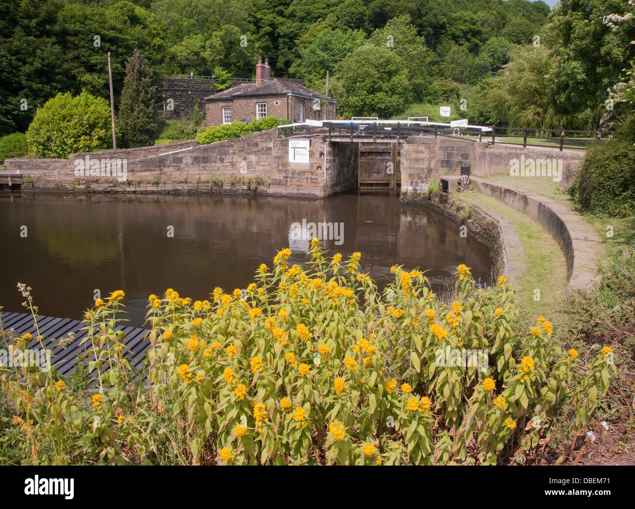 Lock and pool on the Calder and Hebble canal at Halifax in West Yorkshire Stock Photo