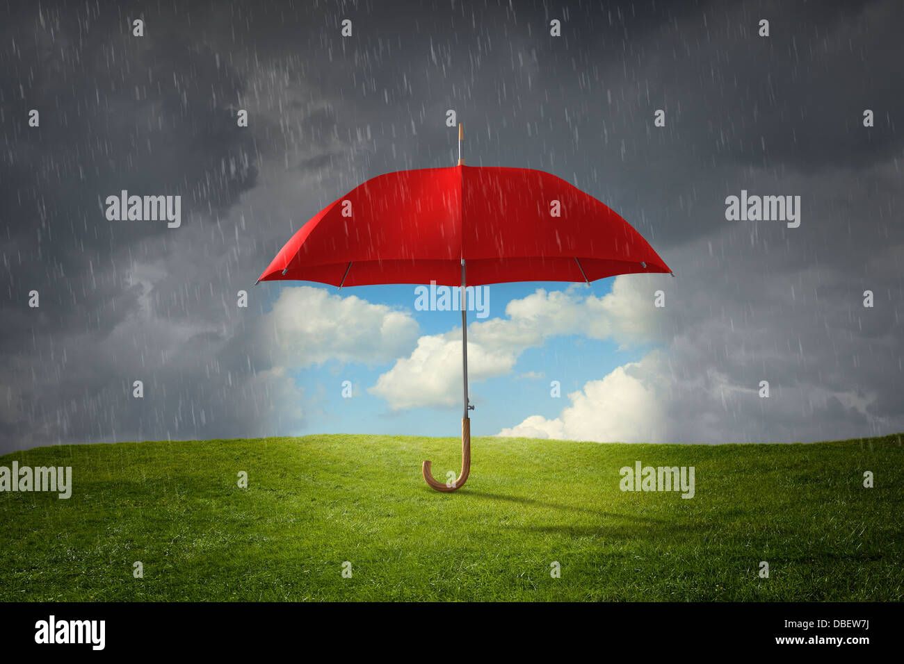 Red umbrella protecting grass from rain Stock Photo