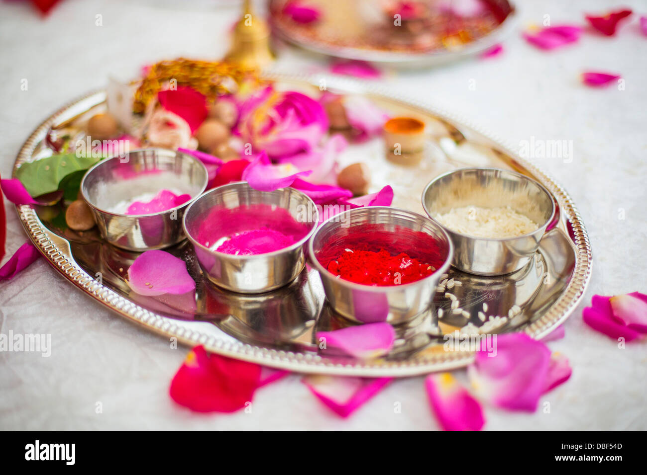 Silver tray of sauces on table Stock Photo