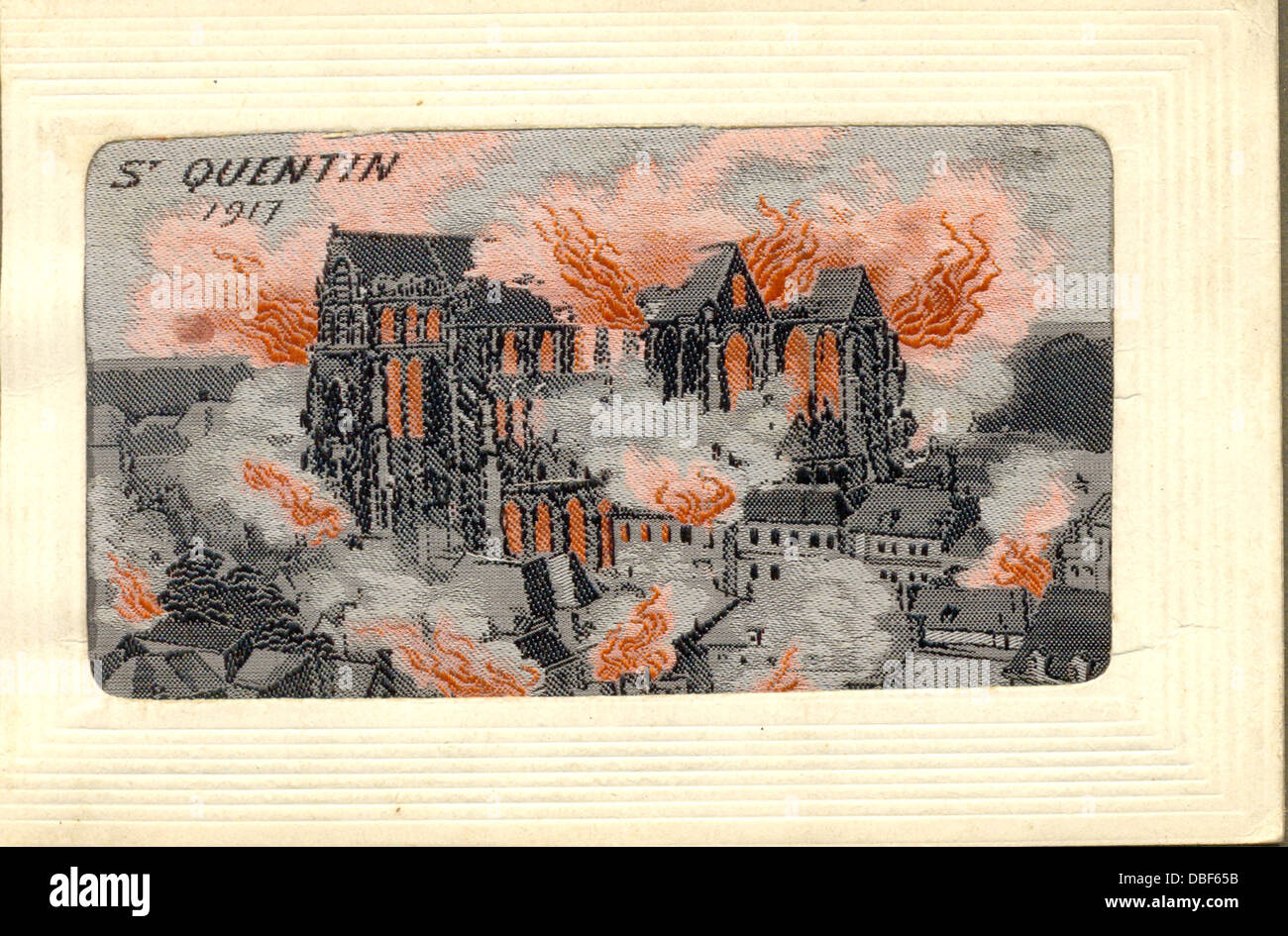 World War One woven silk postcard of the ruins in St Quentin 1917 Stock Photo