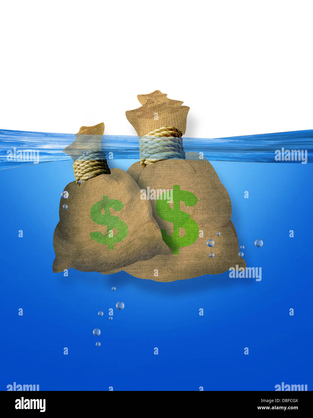 Money bags floating in blue water. Stock Photo