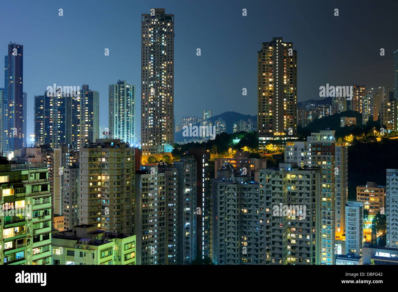 Hong Kong with crowded buildings at night Stock Photo - Alamy